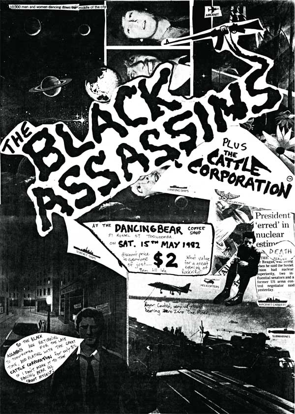 Poster for the The Black Assassins gig at the Dancing Bear Cafe in Toowoomba, Australia, in May 1982